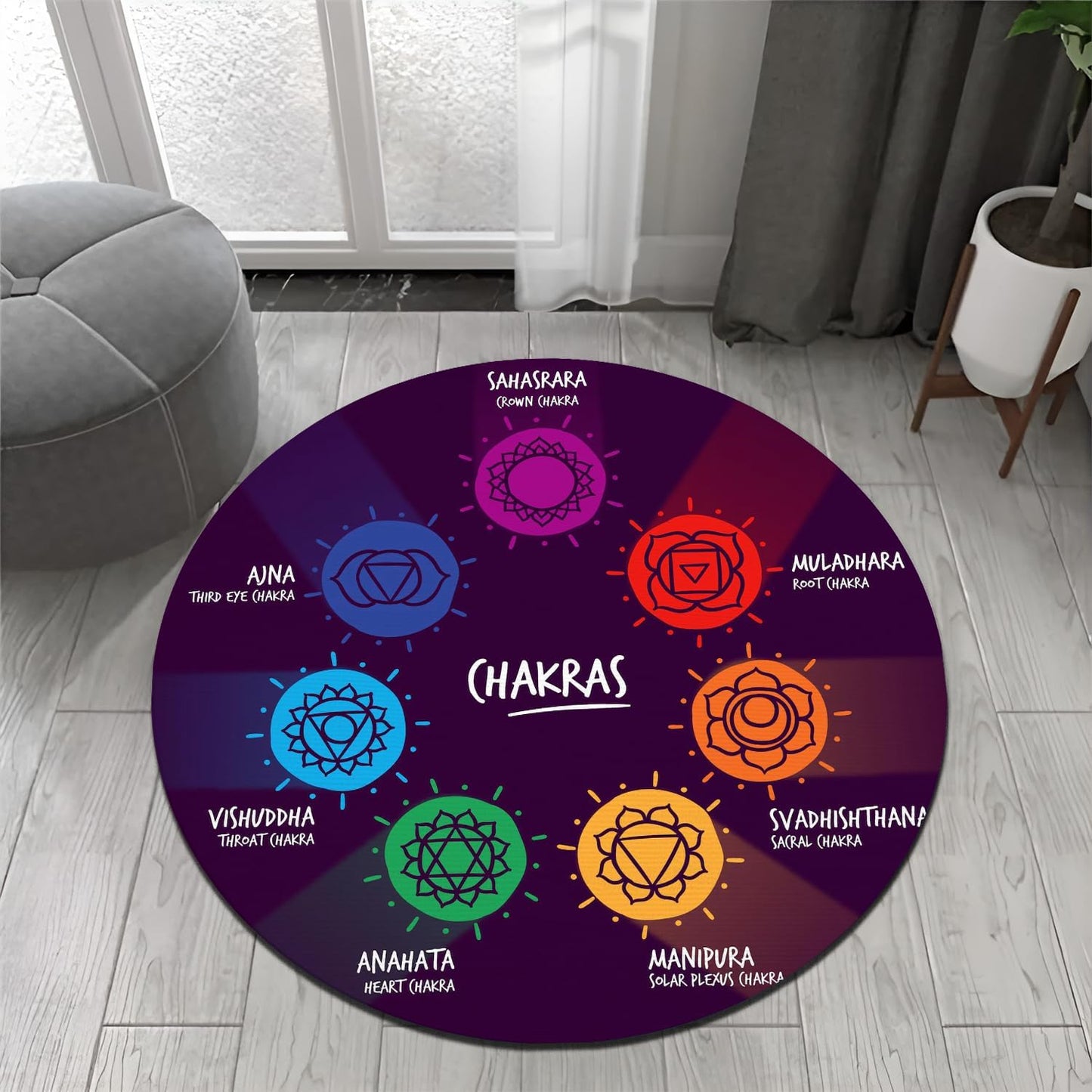 Chakra Round Area Rug, Non-Slip Meditation & Yoga Carpet for Living Room, Meditation Round Area Rugs, Modern Circular Bedroom Rug 57