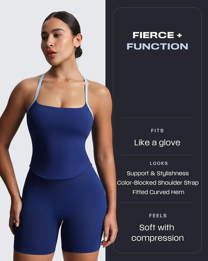 Aoxjox Women's Workout Sleeveless Color Block Lexi Tank Tops Contrasting Strap Cross Back Yoga Curve Longline Crop Top
