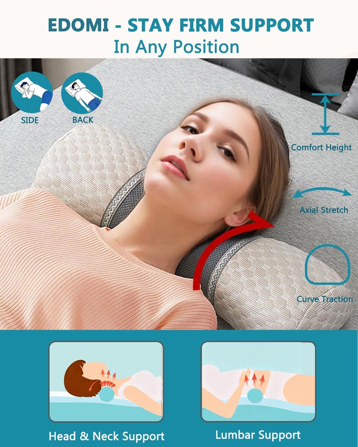 Buckwheat Hull Neck Roll Pillow -15.7" x4.7” Adjustable Firmness Cervical Support for Sleep & Yoga, Cooling Floral Cotton Cover, Ergonomic Bolster Pillow, Blue