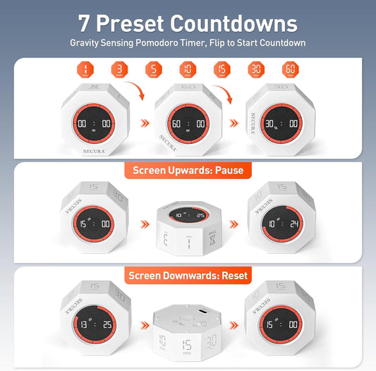 Secura Pomodoro Timer, Rotating Cube Time Tracker, Flip Gravity Sensor with 7 Presets(1/3/5/10/15/30/60 Min), Visual Progress Bar for ADHD, Kids, Tasks, Work, Study (White)
