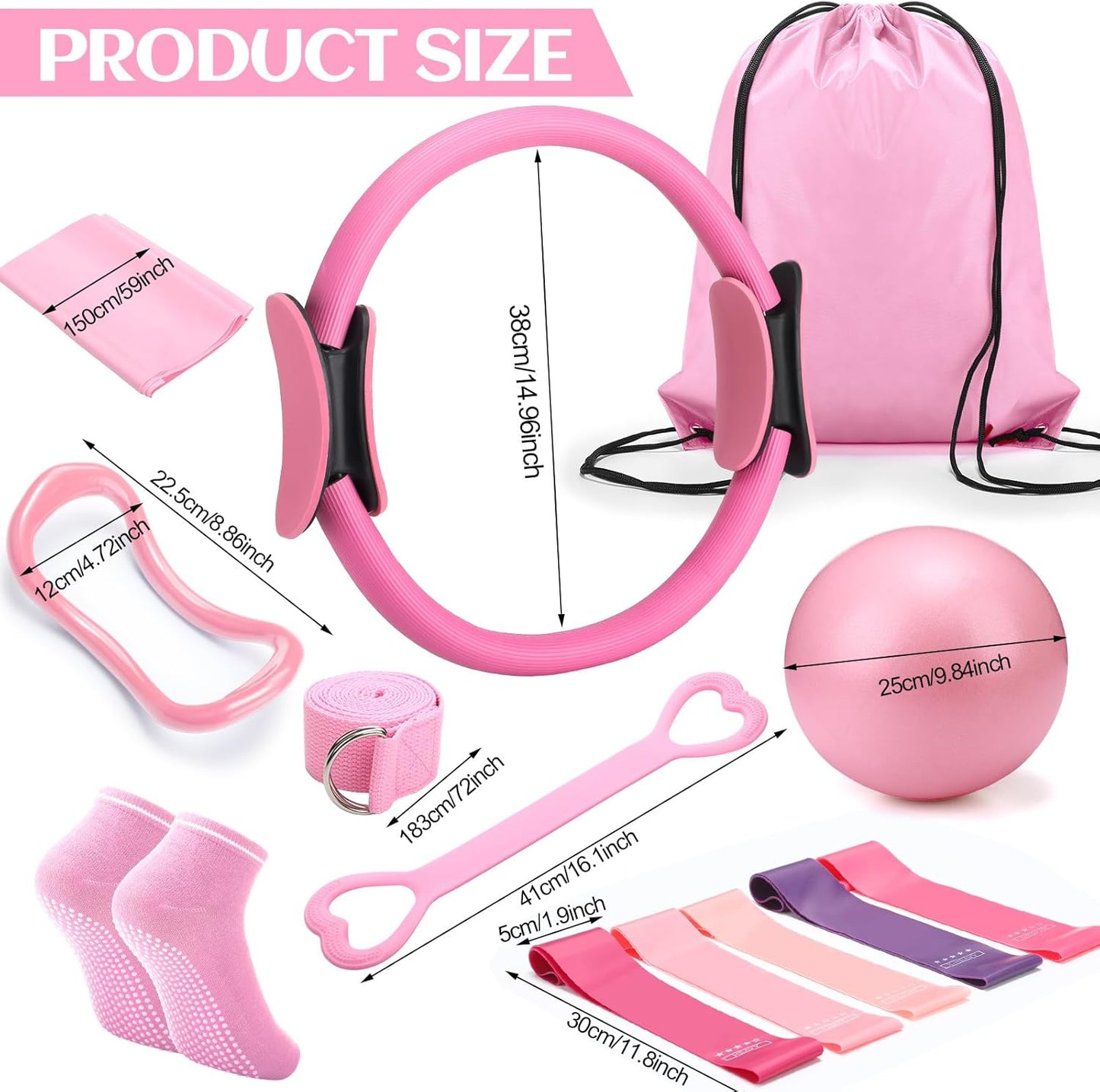 RoundFunny Pilates Ring Circle Set 18 Pcs Exercise Equipment Accessories for Women Workouts Pilates Ball Stretching Strap Magic Circle Yoga Ring Gym Back Bag Resistance Band Anti Slip Socks