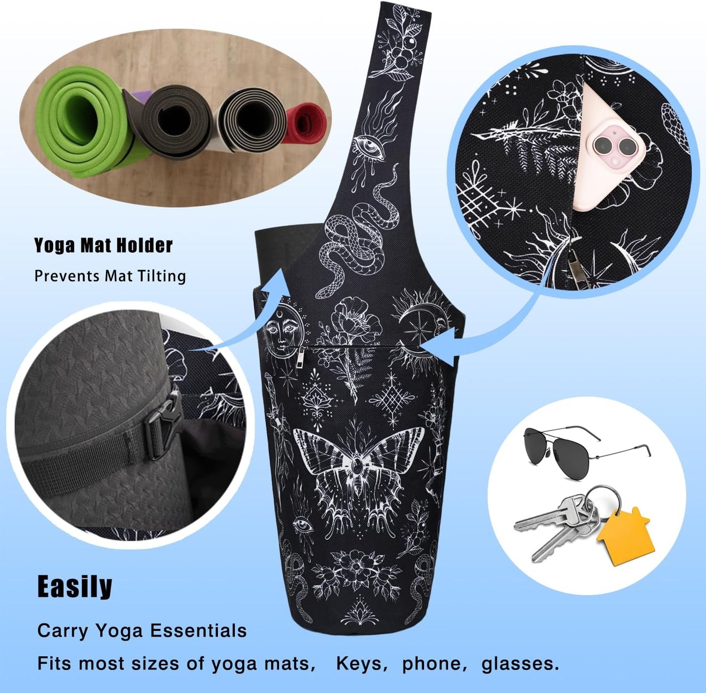Yoga Mat Bag - Large Opening Long Tote Yoga Mat Carrier Holder Bag with Waterproof Wet Zipper Pocket and Drawstring Water Bottle Pocket - Yoga Bag Fit Most Size Mats