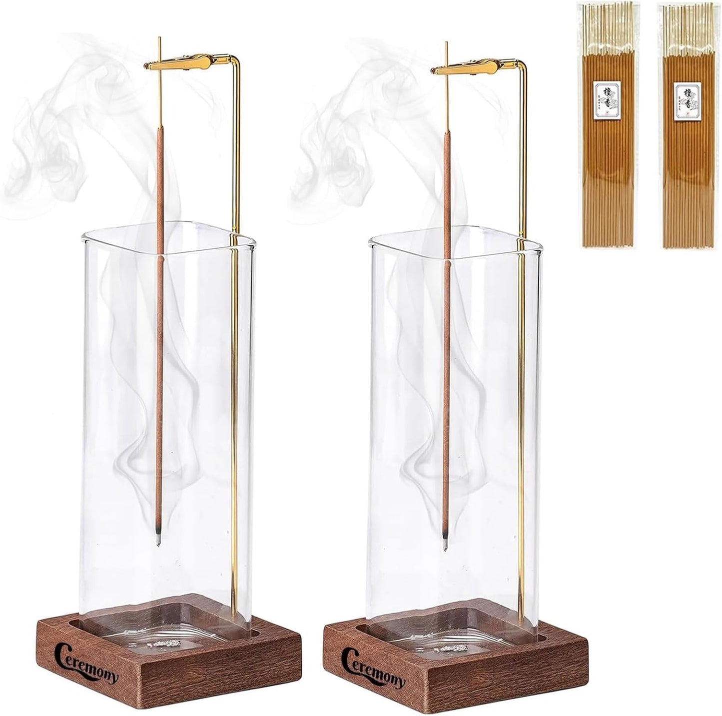 Ceremony Incense Holder, Wooden Incense Holder for Sticks with Glass Ash Catcher, Anti-ash Incense Burner with 20 Incense Sticks and a Ash Brush for Meditation Yoga Spa Room Decor