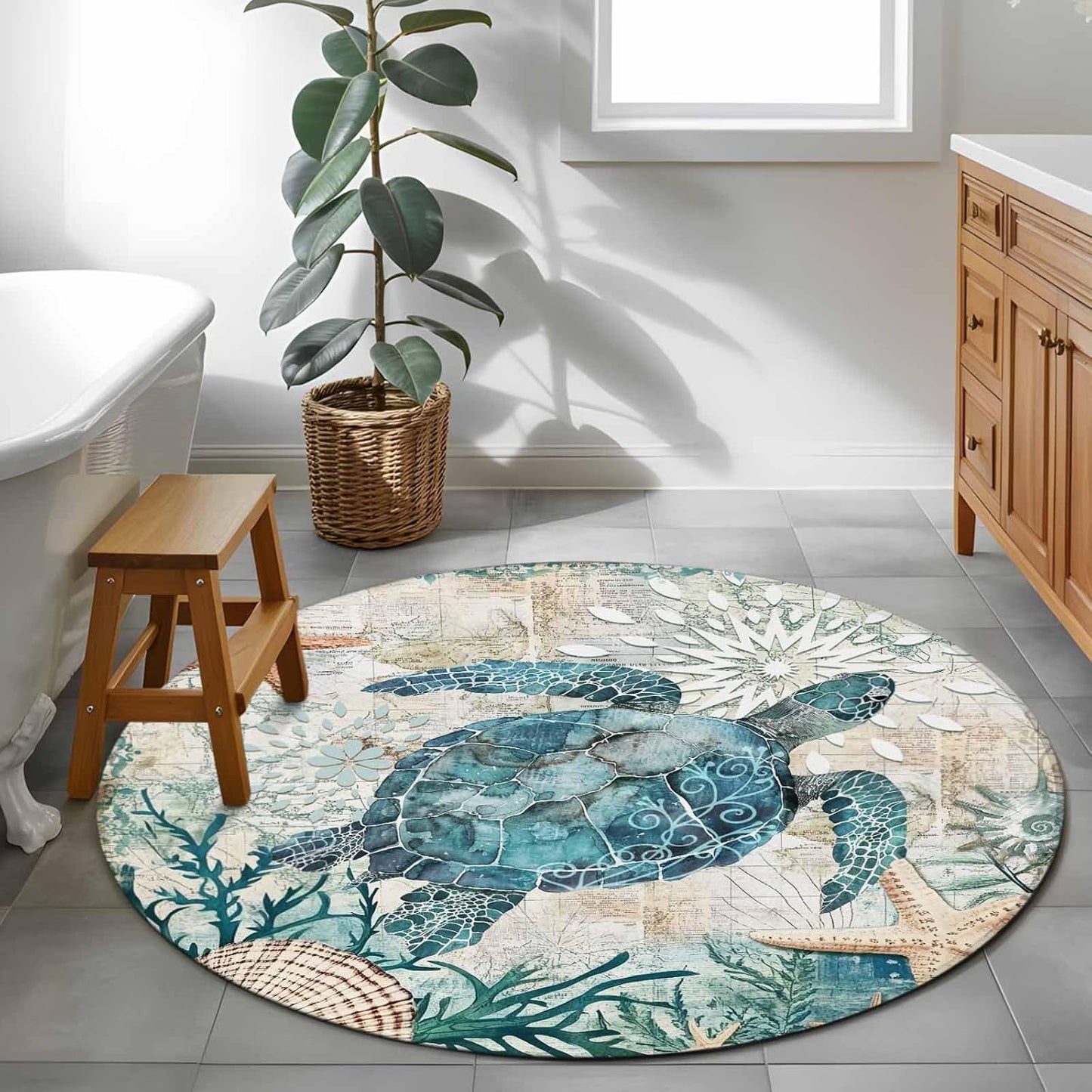 Libaoge Round Area Rugs 3 ft Indoor Aloha Mats Sea Turtle Ocean Animal Nautical Map Soft Living Room Bedroom Unique Carpet Woman Yoga Mat Home Decor