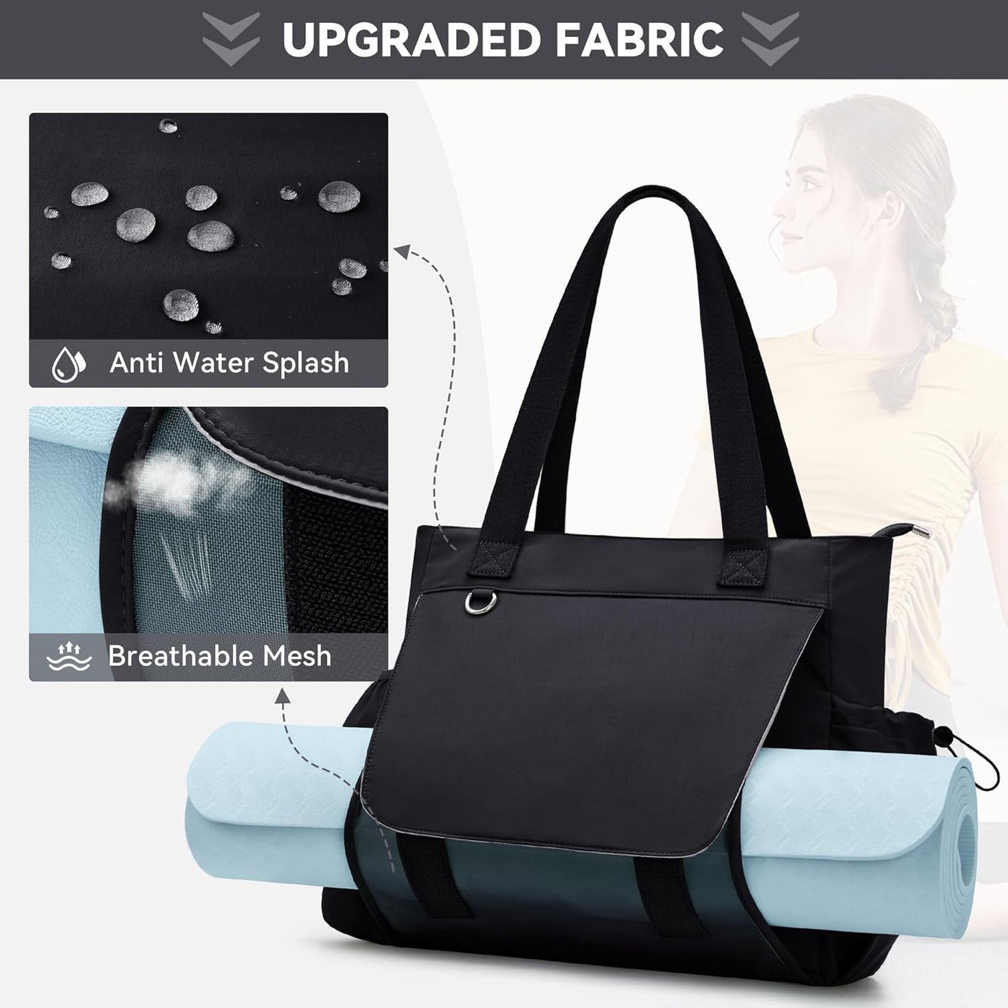WLLWOO Gym Tote Bag Thick Yoga Mat Bag with Breathable Mesh Holder Carryall Waterproof Wet Pocket For Pilates Travel Beach Workout Women