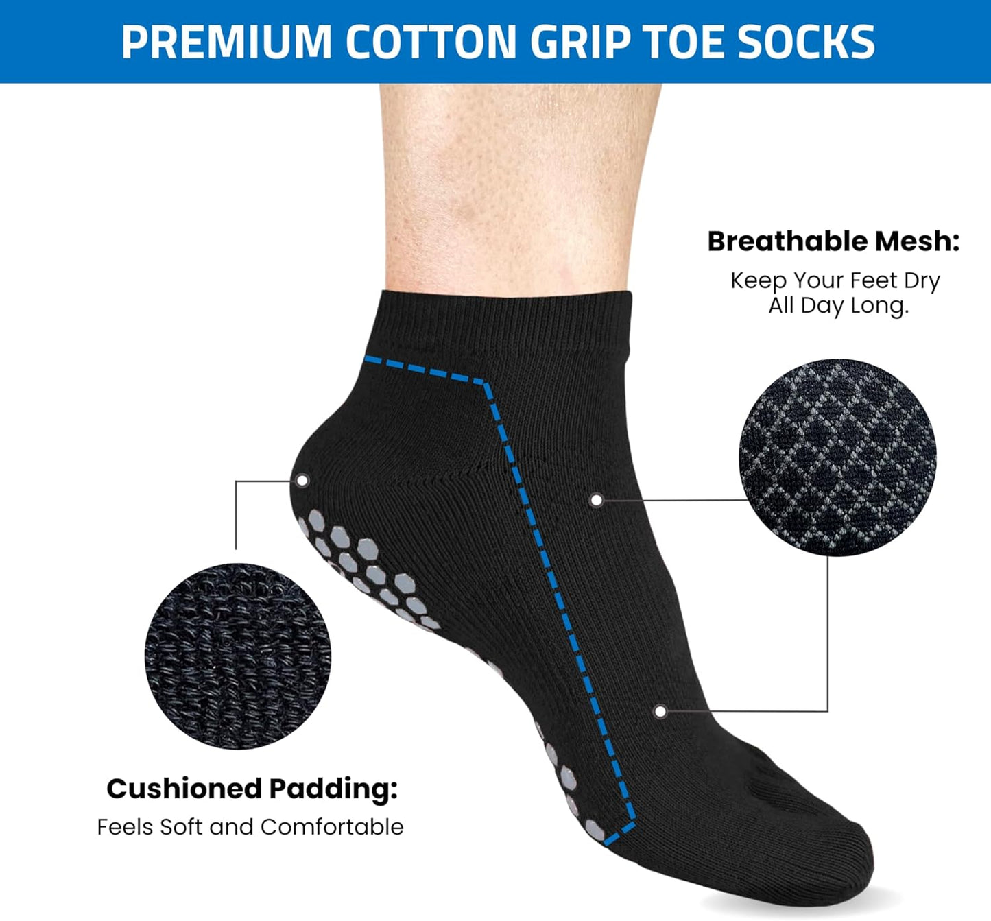 Soxsense Multi-Pack Sports Grip Toe Socks with Cushion, Non-Slip Finger Socks for Pilates, Home Gym, Soccer, basketball