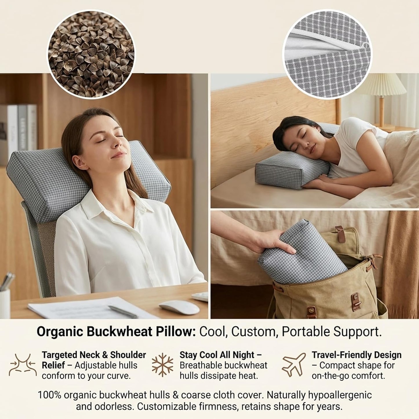 Adjustable Buckwheat Hull Pillow for Neck Pain Relief (21x8x4in) Natural Cooling Cervical Support Organic Pillow for Side & Back Sleepers with Night Sweats (Grey)