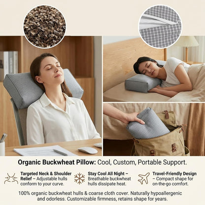 Adjustable Buckwheat Hull Pillow for Neck Pain Relief (21x8x4in) Natural Cooling Cervical Support Organic Pillow for Side & Back Sleepers with Night Sweats (Grey)