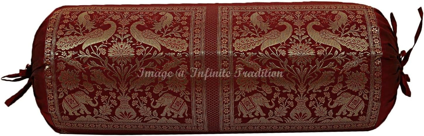 Ethnic Decorative Bolster Tube Pillow Covers Cylindrical Maroon Yoga Large Couch Round Cushion Cover Jacquard Brocade Poly Dupion Silk Small Elephant Throw Pillow Case 76x38cm (30x15 inch) 2 Pc.