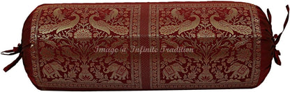 Ethnic Decorative Bolster Tube Pillow Covers Cylindrical Maroon Yoga Large Couch Round Cushion Cover Jacquard Brocade Poly Dupion Silk Small Elephant Throw Pillow Case 76x38cm (30x15 inch) 2 Pc.