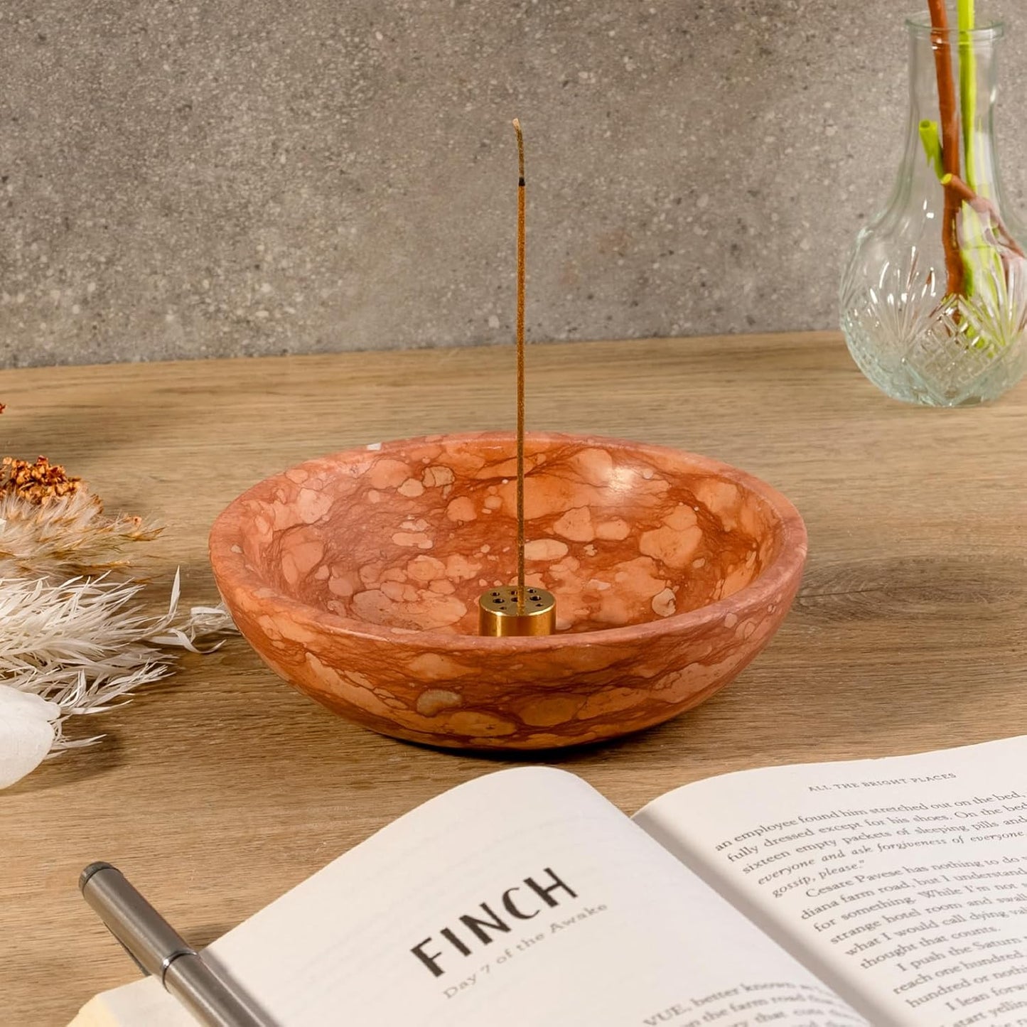 Koville Natural Marble Incense Holder, Incense Holder for Sticks with 9 Holes, Handmade Incense Burner Ash Catcher for Meditation Yoga SPA, Balsam Fir/Palo Santo/Sage/Cone (RoyalBeige)