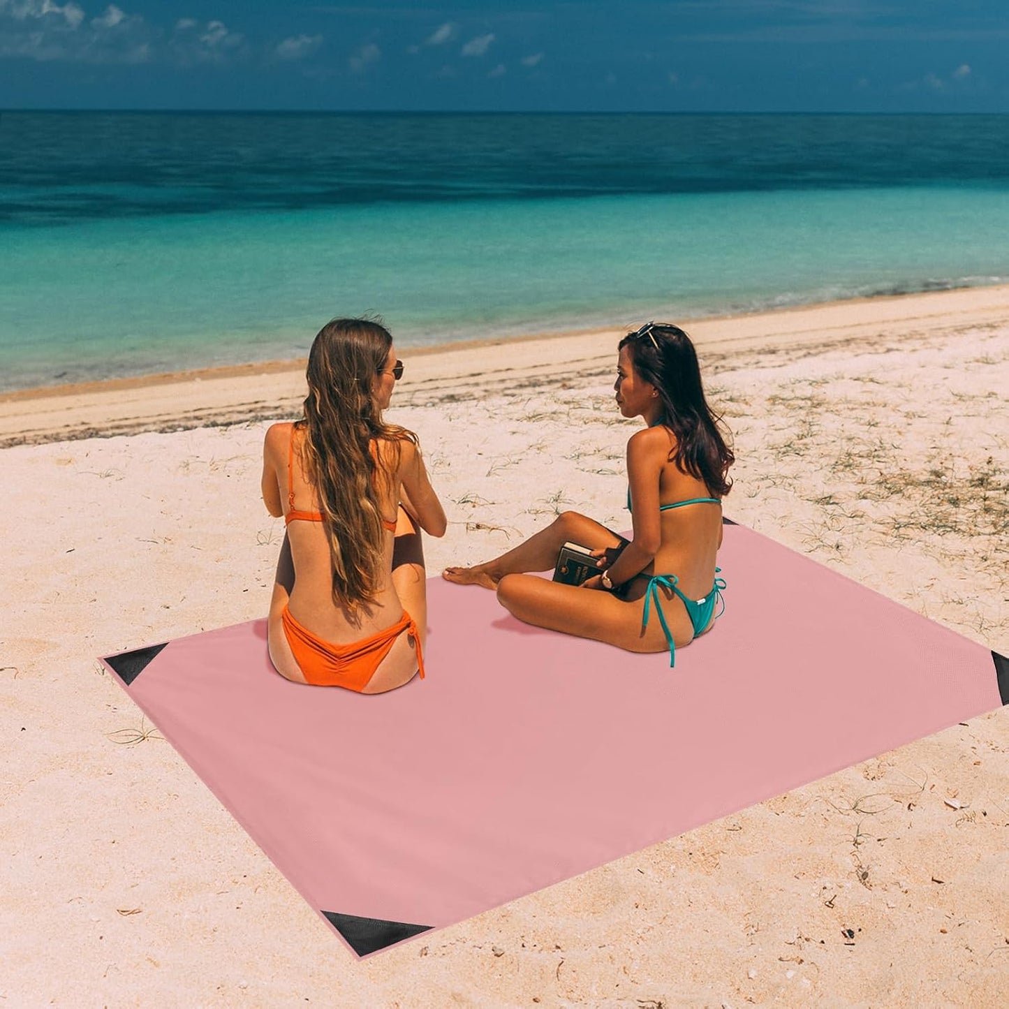 Odoland Beach Blanket Picnic Blanket, 43.3" x 27.5" SandProof Waterproof Outdoor Pocket Blanket with Portable Bag, Foldable Lightweight Sand Free Beach Mat for 1 People Hiking, Camping, Travel, Pink