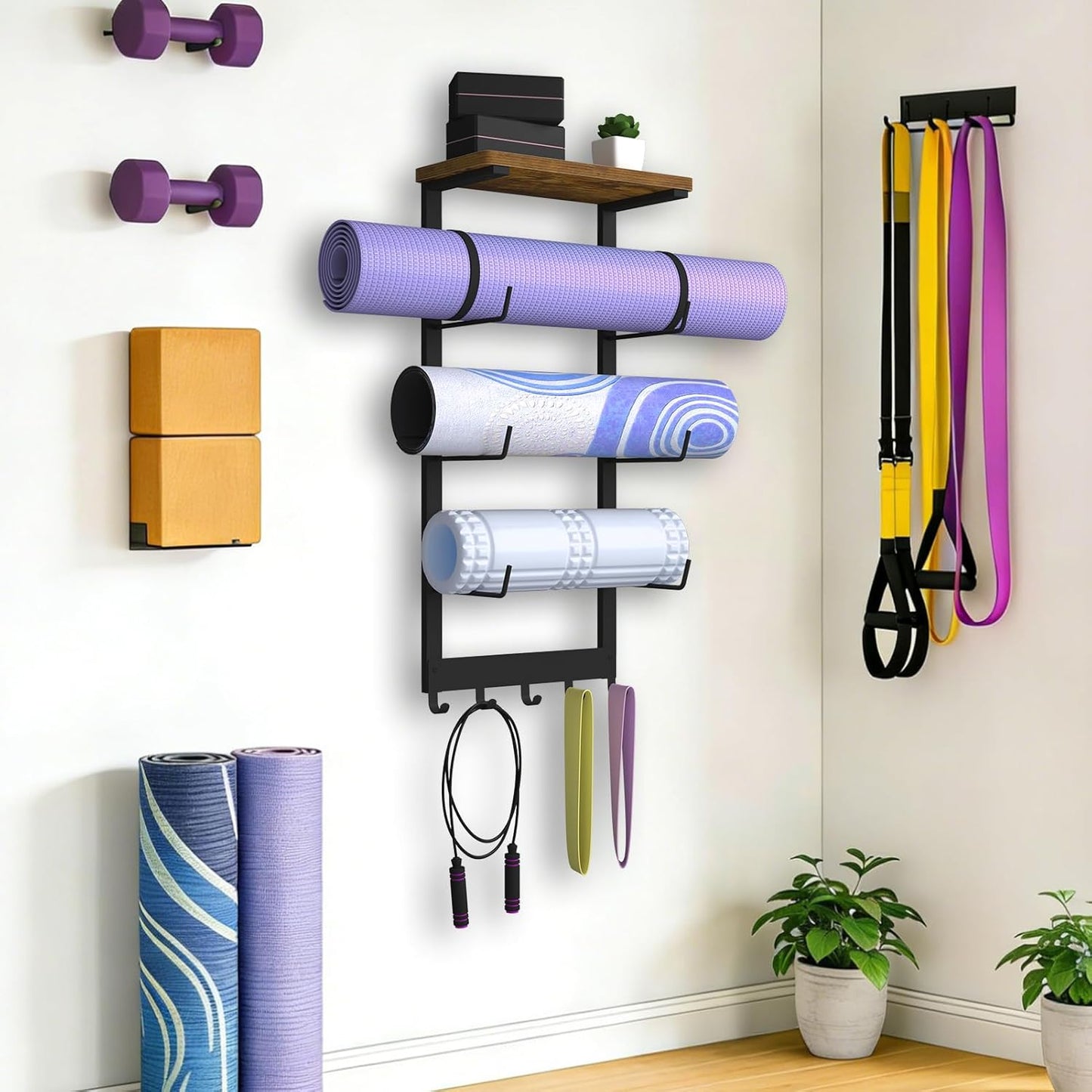 Yoga Mat Holder Wall Mount, Yoga Mats Storage Rack, Home Gym Wall Organizer Holder with Wood Floating Shelf and 5 Hooks, Storage Rack for Hanging Foam Roller/Band/Workout Equipment