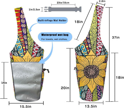 Yoga Mat Bag - Large Opening Long Tote Yoga Mat Carrier Holder Bag with Waterproof Wet Zipper Pocket and Drawstring Water Bottle Pocket - Yoga Bag Fit Most Size Mats