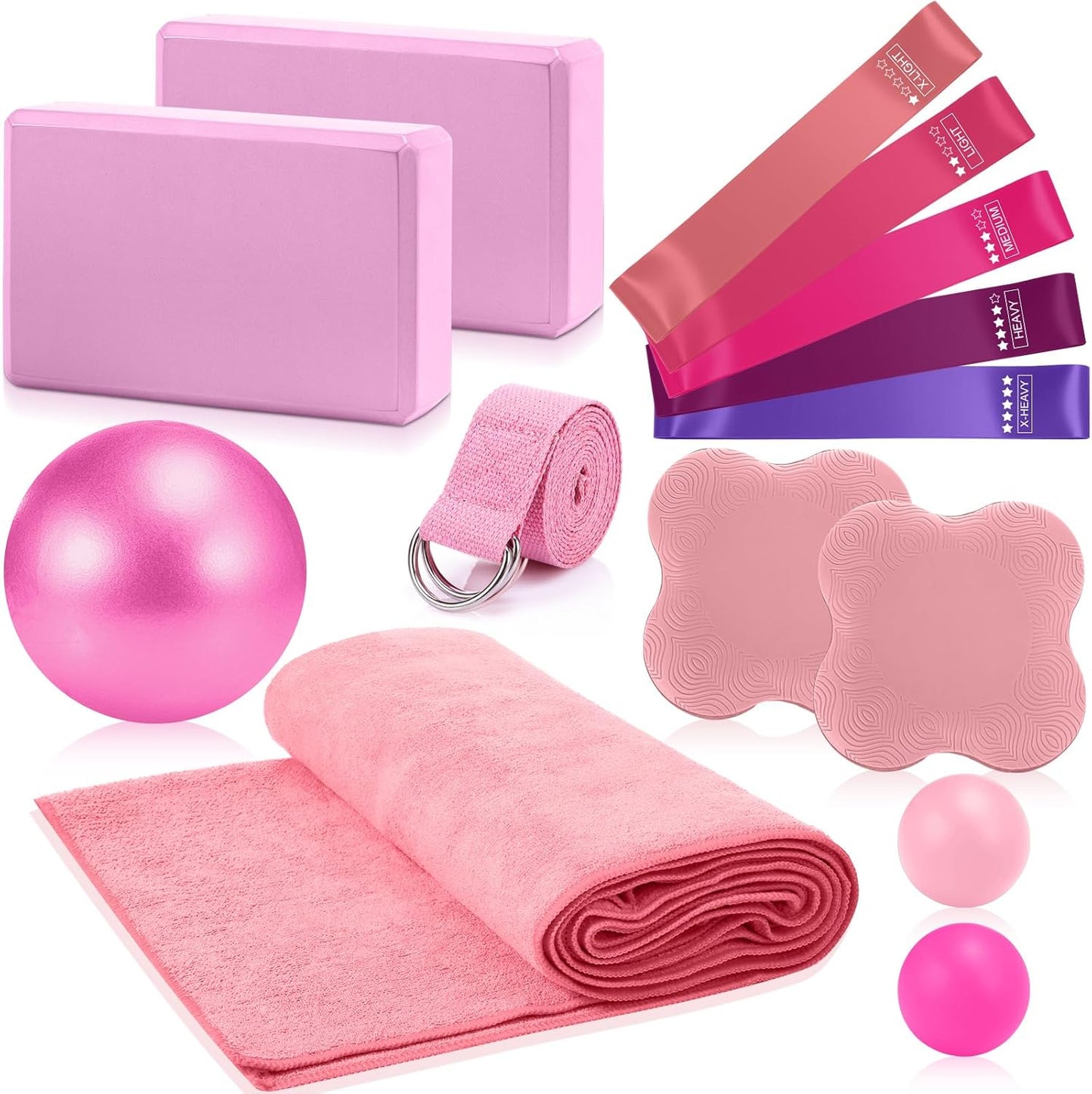 Simgoing 14 Pcs Yoga Kits for Home Workouts Pilates Equipment Set for Women Beginners, Hot Yoga Towel Blocks Strap, Knee Pad, Resistance Loop Exercise Band, Massage Lacrosse Ball, Pilates Ball