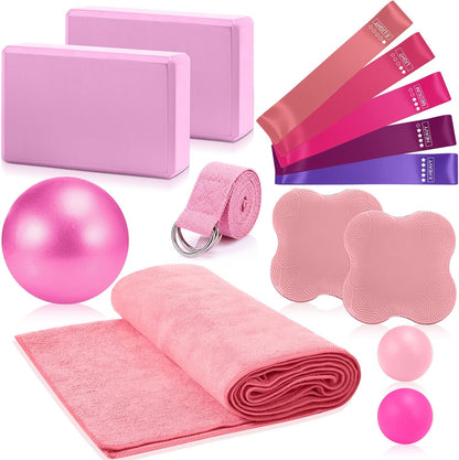 Simgoing 14 Pcs Yoga Kits for Home Workouts Pilates Equipment Set for Women Beginners, Hot Yoga Towel Blocks Strap, Knee Pad, Resistance Loop Exercise Band, Massage Lacrosse Ball, Pilates Ball