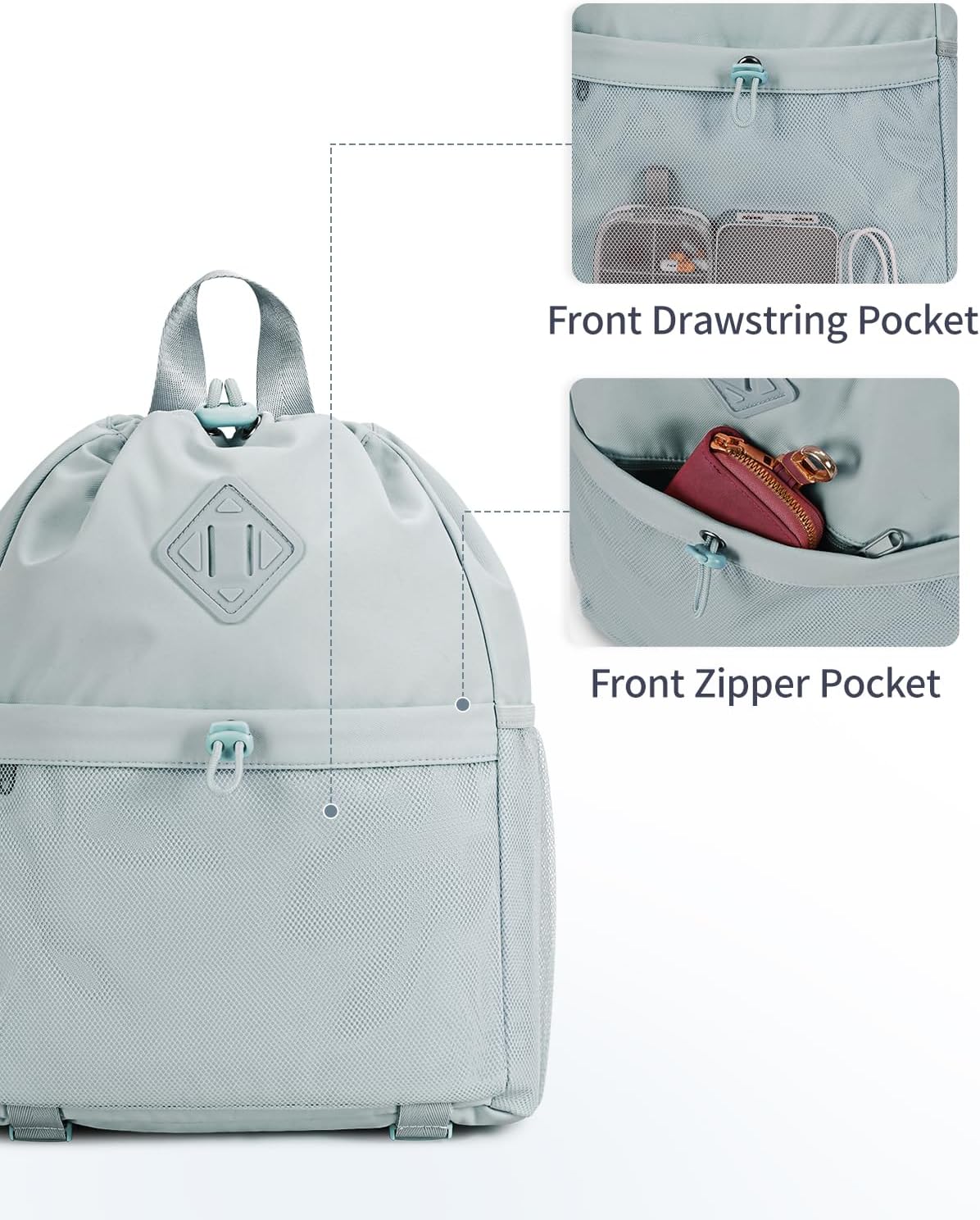 WANDF Drawstring Backpack for Women, Lightweight Gym Bag with Yoga Mat Strap, Water-Resistant String Backpack with Mesh Pocket (Grey, Patent Pending)