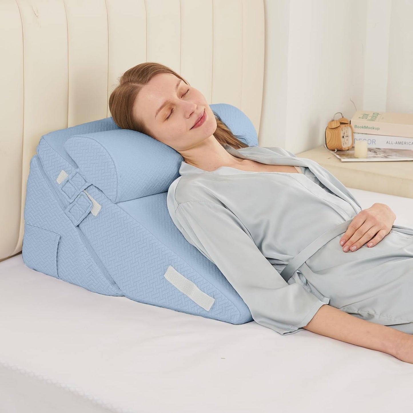 Sasttie Wedge Pillow Set for After Surgery, 2PCS Adjustable Bed Wedge Pillow Headboard with Memory Foam Neck Cushion – for Acid Reflux, Sleeping, Neck & Back Support, Dark Grey