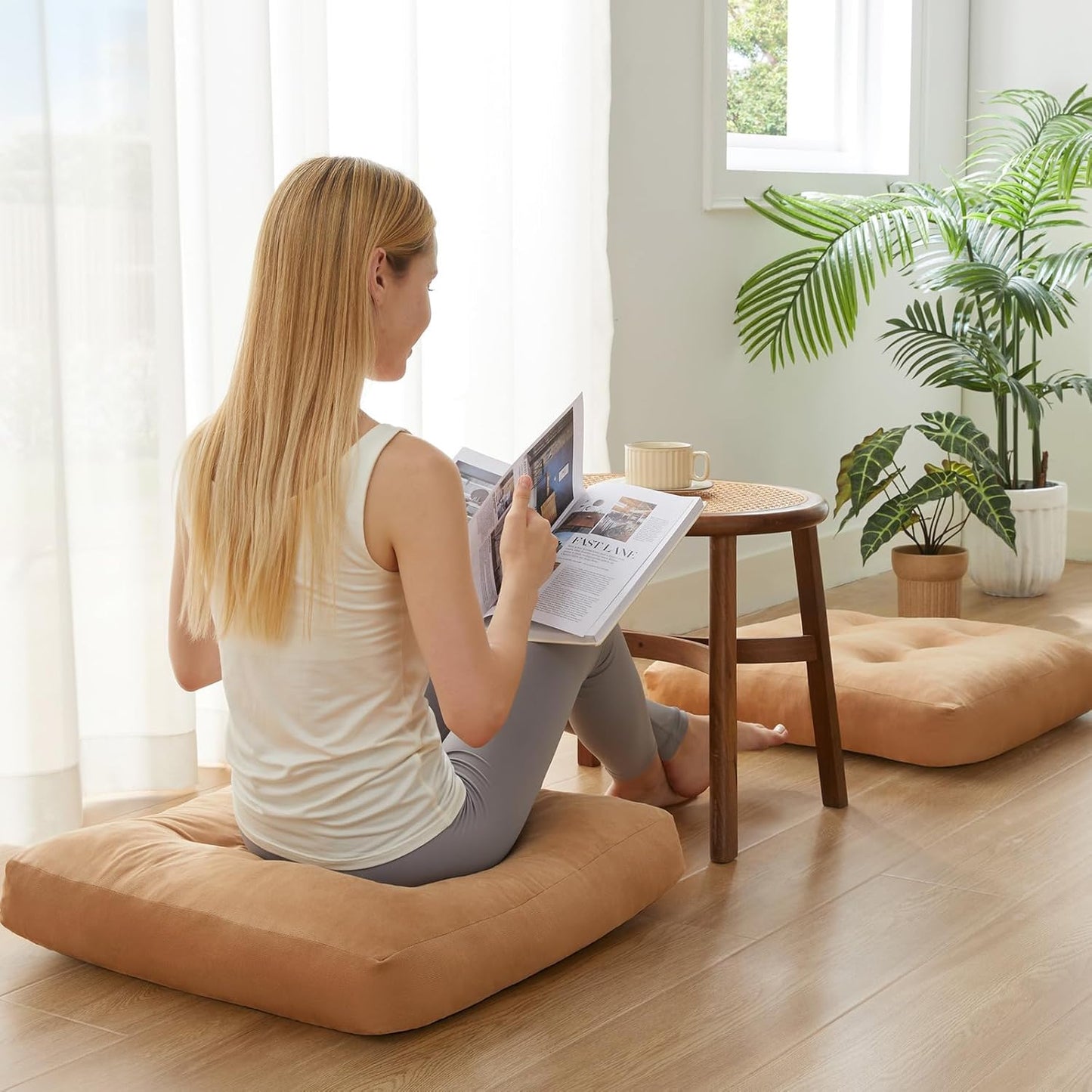 Meditation Floor Pillow Set of 1, Square Large Pillows Seating for Adults, Meditation Cushion Pillow,Tufted Corduroy Cushion for Tatami Living Room or Yoga, Light Gray, 22x22 Inch