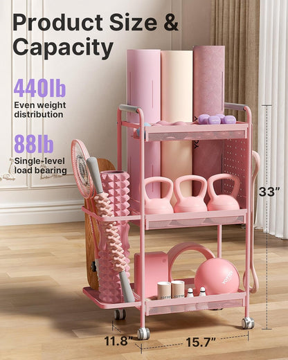 YOTTOY 3-Tier Gym Storage Rack for Home Gym–Multi-Functional Weight Rack, Dumbbell Rack, Yoga Mat Holder with Side Basket & 6 Hooks, Gym Equipment Organizer