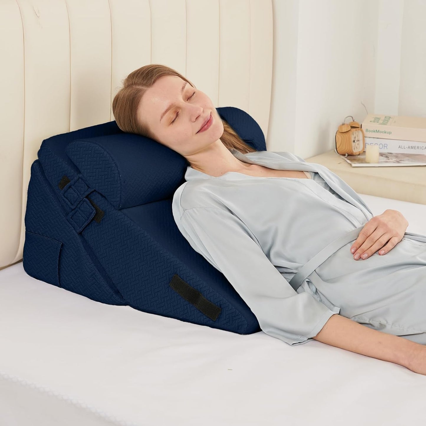 Sasttie Wedge Pillow Set for After Surgery, 2PCS Adjustable Bed Wedge Pillow Headboard with Memory Foam Neck Cushion – for Acid Reflux, Sleeping, Neck & Back Support, Dark Grey