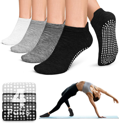 yeuG Pilates Socks for Women Non Slip Grip Socks for Yoga, Barre, Hospital, Barefoot Grippy Yoga Sock Womens Gifts 4 Pairs