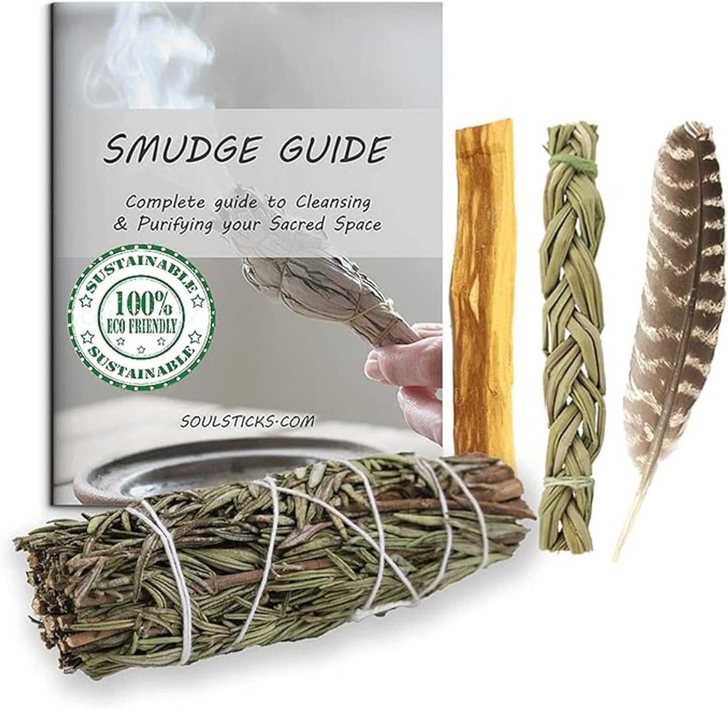 Ancient VEDA Organic Smudge Kit – Yerba Santa, Palo Santo, Sweetgrass Braid, Feather & Smudge Guide | Home Cleansing Kit for Meditation, Yoga, Energy Healing & Gift (Starter Kit, Yerba Santa Sage)