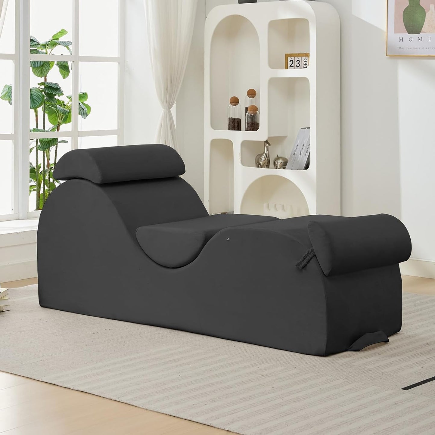 ijuicy 25 Inch Home Stretch Yoga Chair, Velvet Fitness Yoga Chaise Lounge Chair Indoor, Yoga Training Reliner with Adjustable Footrest & Headrest, Light Grey