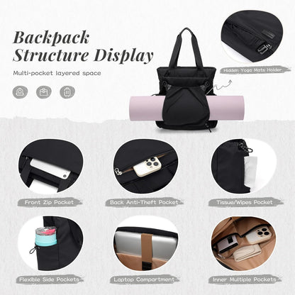 GOLF SUPAGS 3-in-1 Laptop Tote Backpack for Women 15.6" Quilted Work Gym Bag with Hidden Yoga Mat Carrier for Travel Leisure (Gravel Brown & Beige)