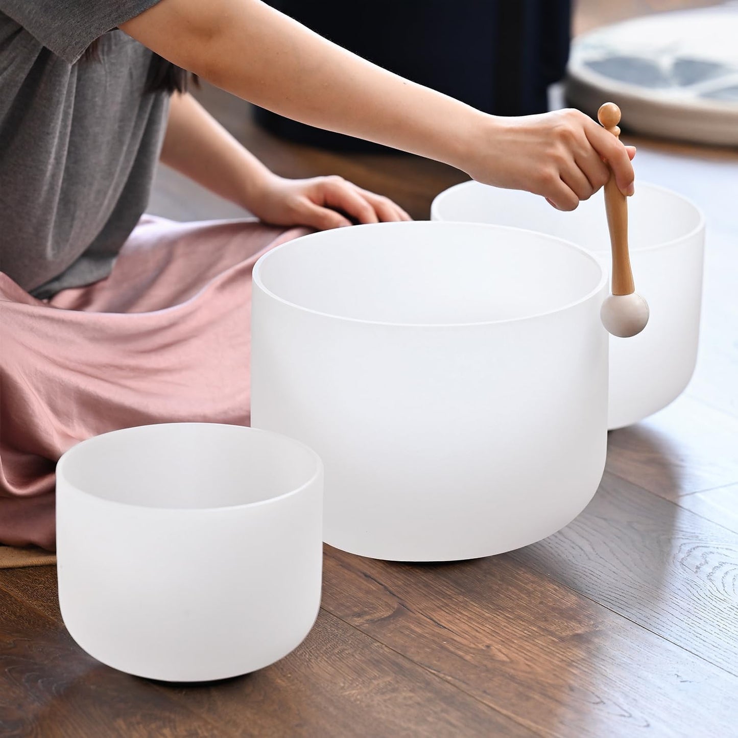 440HZ Sound Healing 8''-12'' Set of 3 Crystal Singing Bowls, Frosted Chakra Quartz Crystal Sound Bowl 8'' A Third-Eye, 10'' F Heart, 12'' C Root With Carry Bags and Mallet