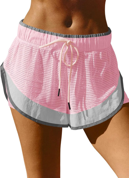 Fisoew Women Athletic Shorts 2 in 1 Running High Split Color Block Workout Yoga Mesh Shorts Pocket Drawstring