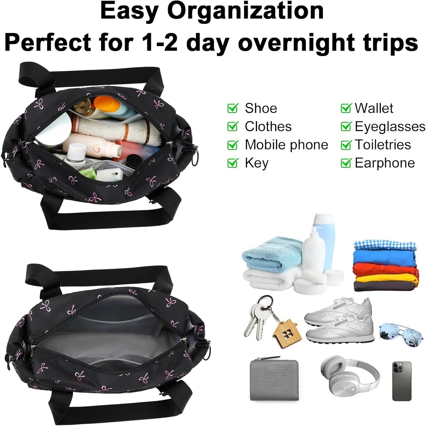 CAMTOP Mini Gym Bag for Women, Small Gym Tote Bag Puffy Quilted Sports Duffel Bag with Wet Compartment and Coin Purse Duffel Bags Dance Yoga Workout Bag for Gifts (All Black, Mini-12.6")
