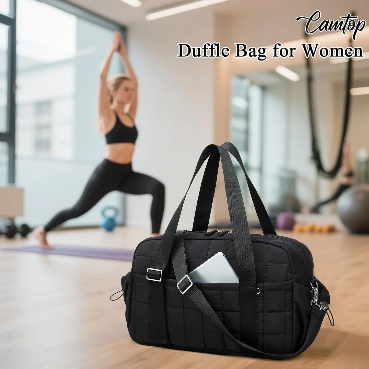 CAMTOP Mini Gym Bag for Women, Small Gym Tote Bag Puffy Quilted Sports Duffel Bag with Wet Compartment and Coin Purse Duffel Bags Dance Yoga Workout Bag for Gifts (All Black, Mini-12.6")