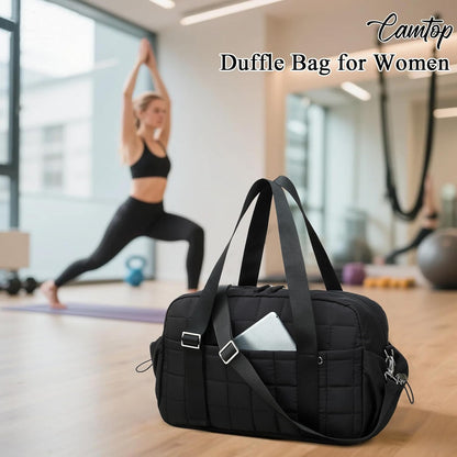 CAMTOP Mini Gym Bag for Women, Small Gym Tote Bag Puffy Quilted Sports Duffel Bag with Wet Compartment and Coin Purse Duffel Bags Dance Yoga Workout Bag for Gifts (All Black, Mini-12.6")
