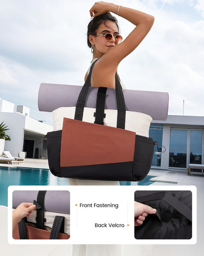 LOVEVOOK Gym Tote Bag for Women, Puffy Yoga Mat Bag with Large Cup Holder & Wet Pocket, Work Nurse Bag for Travel Workout