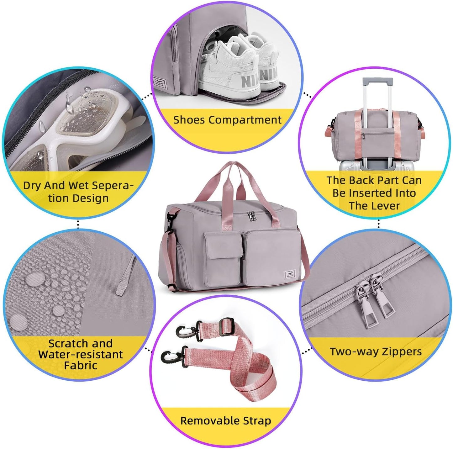 FIORETTO Women's Gym Duffle Bag with Shoes Compartment, 30L Capacity, Ideal for Travel, Gym, Sports, Duffel, Weekender