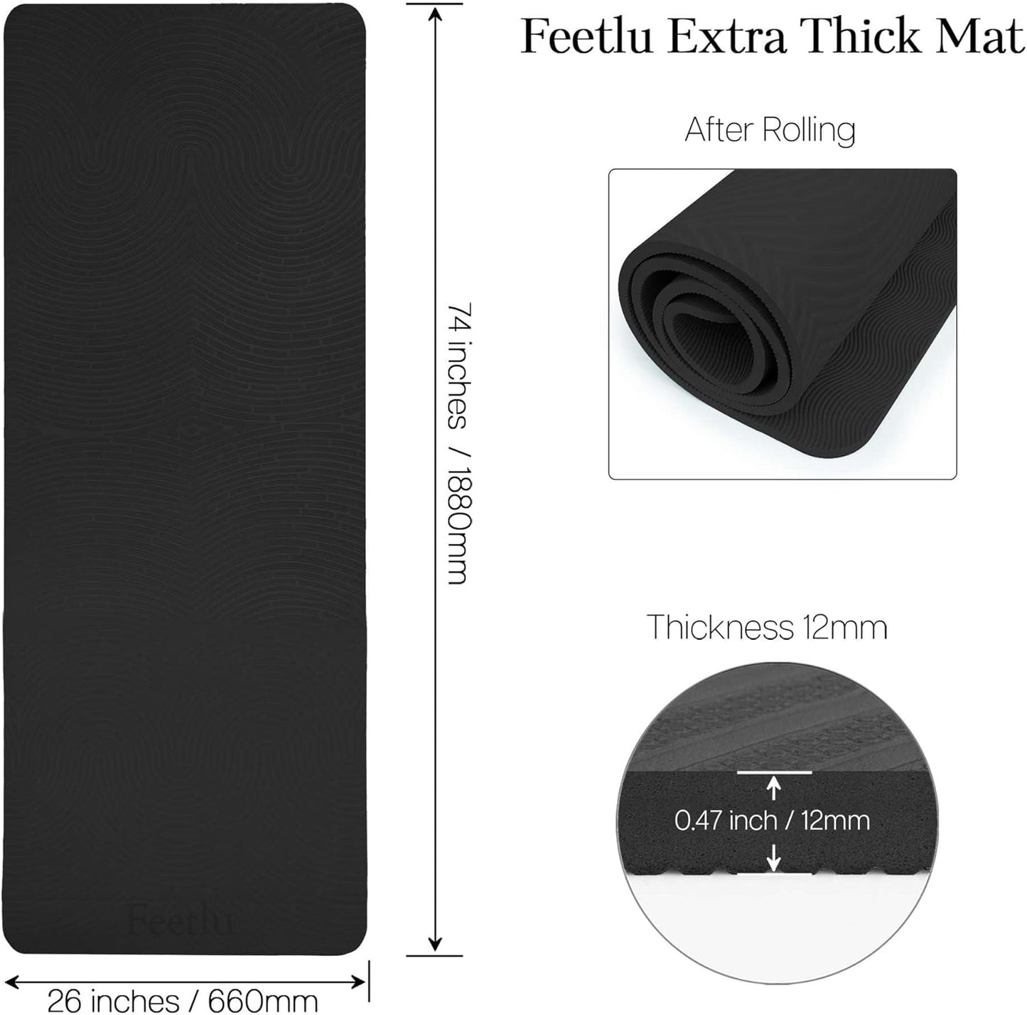 Extra Thick 12mm Exercise Mat – Non-Slip, Joint-Friendly & Cushioned Fitness Mat for Yoga, Pilates & Floor Workouts – Durable, Supportive & Includes Feetlu Classic Strap