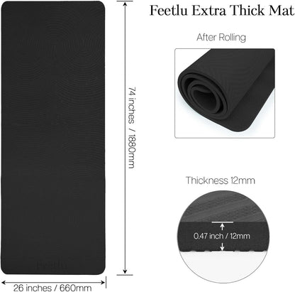 Extra Thick 12mm Exercise Mat – Non-Slip, Joint-Friendly & Cushioned Fitness Mat for Yoga, Pilates & Floor Workouts – Durable, Supportive & Includes Feetlu Classic Strap