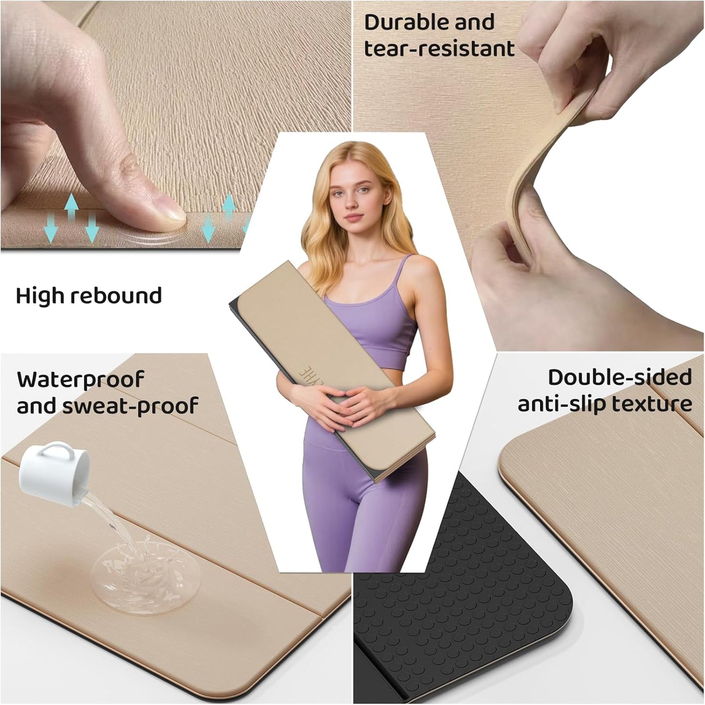 Foldable Yoga Mat Exercise Mat for Home Workout, Comfortable and Durable, 8mm Thick Portable Folding Mat, Non-Slip, Pilates Mat Thick, Outdoor Use, Meditation, Travel, Camping (71"x24" x 0.3") (Milk Coffee + Black) (Brown+Black)