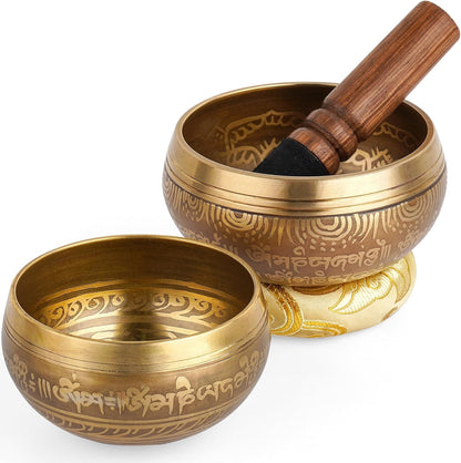 Relaehih 2-Pack Tibetan Singing Bowls Set - 100% Handmade in Nepal, Sound Bowl Meditation Set for Yoga, Chakra Healing, Meditation Gifts, Unique Gifts for Women (Blue, 3.15 + 4 inch)
