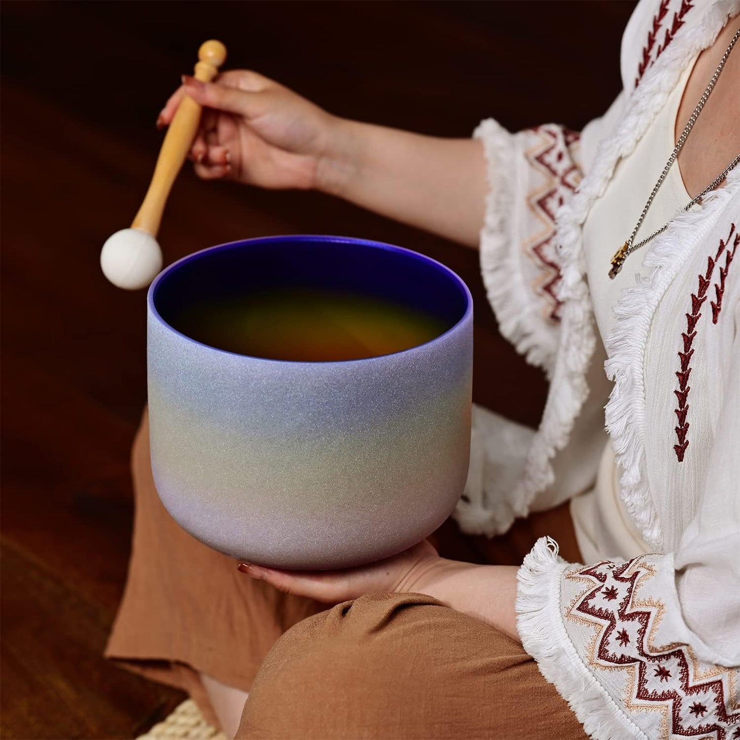 CVNC 440HZ 8 Inch Rainbow Colored A Note Third-Eye Chakra Frosted Quartz Crystal Singing Bowl for Sound Healing and Meditation