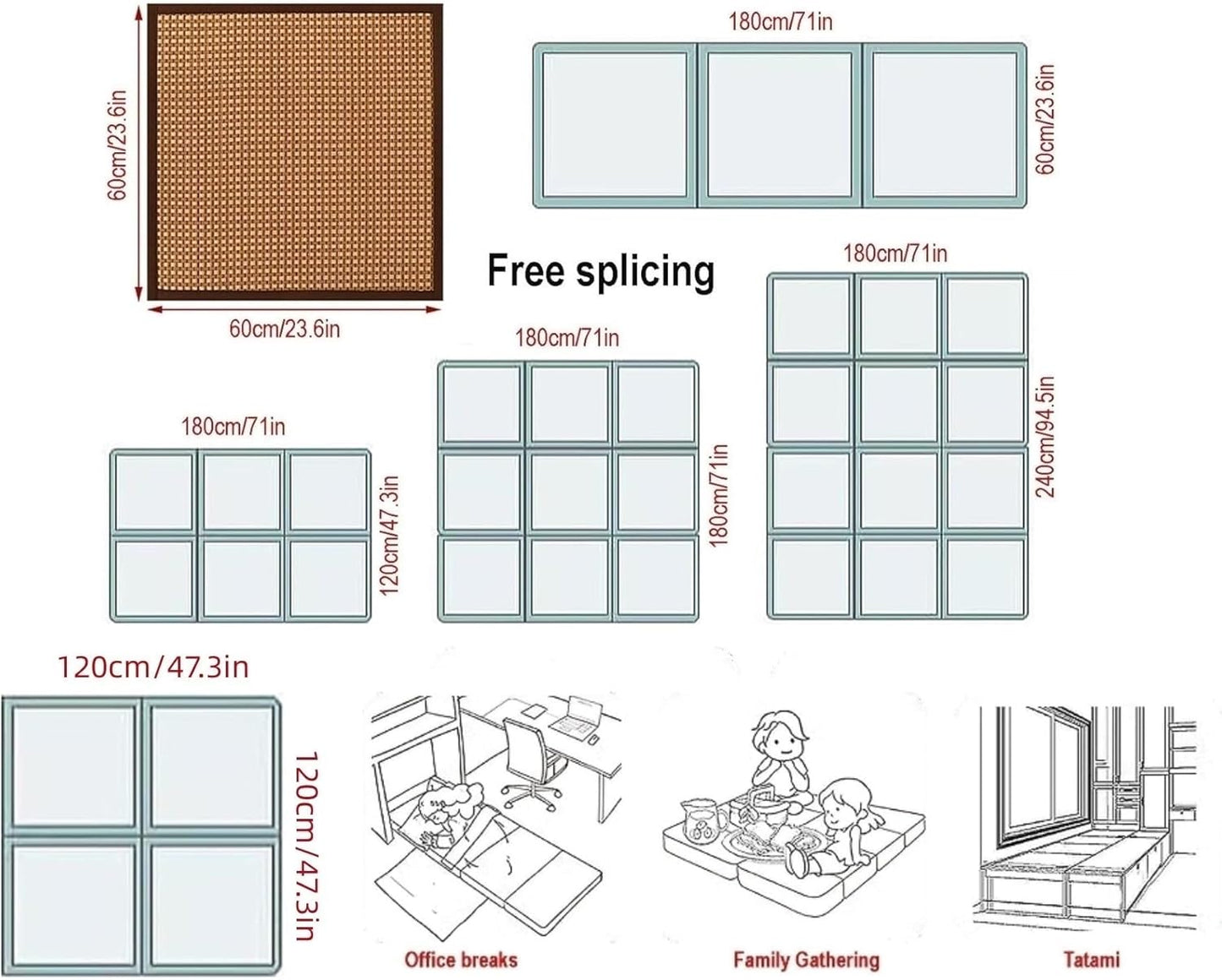 Japanese Tatami Mat, Rattan Tatami Mats, Bedroom Rattan Mat, Summer Floor Sleeping Mat Tatami Mattress, Indoor/Outdoor Rugs, Stitching Carpet Crawling Mats for Living Room Bedroom Playroom Yoga (Colo