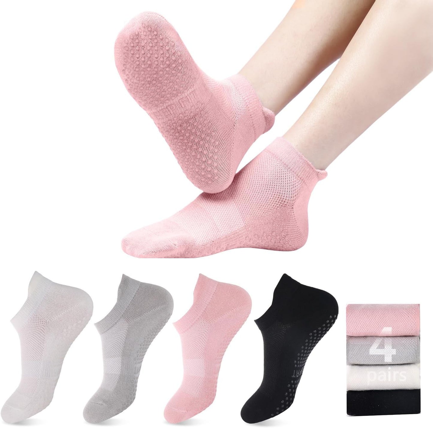 Acetin 4 Pairs Grip Socks Pilates Socks for Women