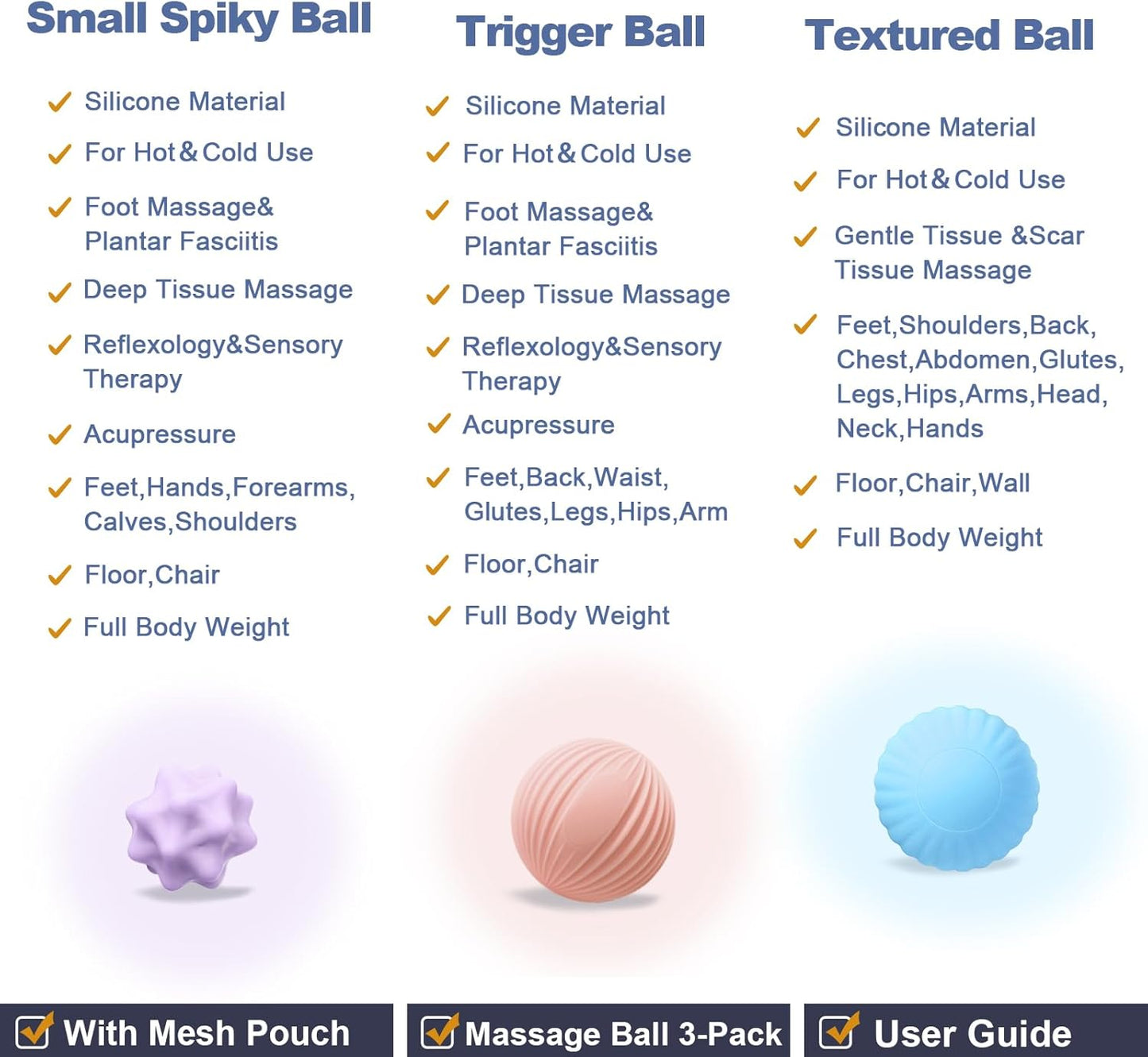 Silicone 3-Piece Massage Ball Set - Peanut, Textured and Spiky Lacrosse Balls to Relieve Tension,Muscle Knots & Plantar Fasciitis with Deep Tissue Release for Foot,Back,Hip,Arm & Legs
