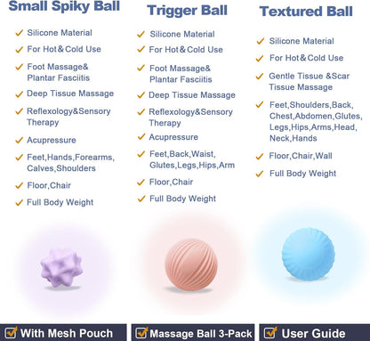 Silicone 3-Piece Massage Ball Set - Peanut, Textured and Spiky Lacrosse Balls to Relieve Tension,Muscle Knots & Plantar Fasciitis with Deep Tissue Release for Foot,Back,Hip,Arm & Legs