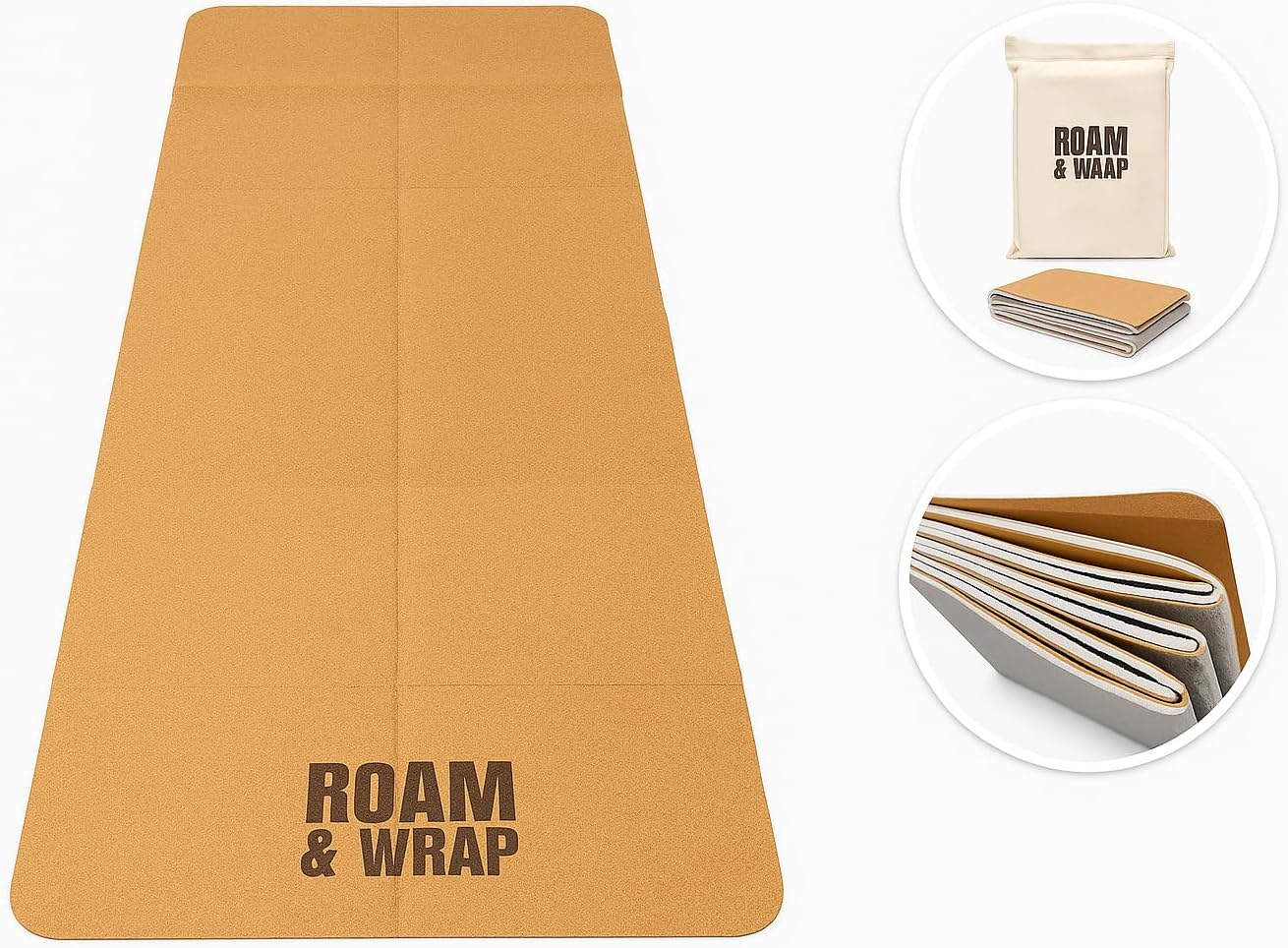 Roam & Wrap TRUE FOLDING Cork Yoga Mat 5mm Thick - Not Rolled, Fits in Backpack & Carry-On - Non-Slip Portable Mat for Travel, Pilates & Gym
