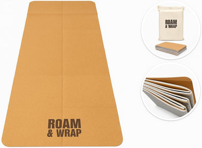 Roam & Wrap TRUE FOLDING Cork Yoga Mat 5mm Thick - Not Rolled, Fits in Backpack & Carry-On - Non-Slip Portable Mat for Travel, Pilates & Gym