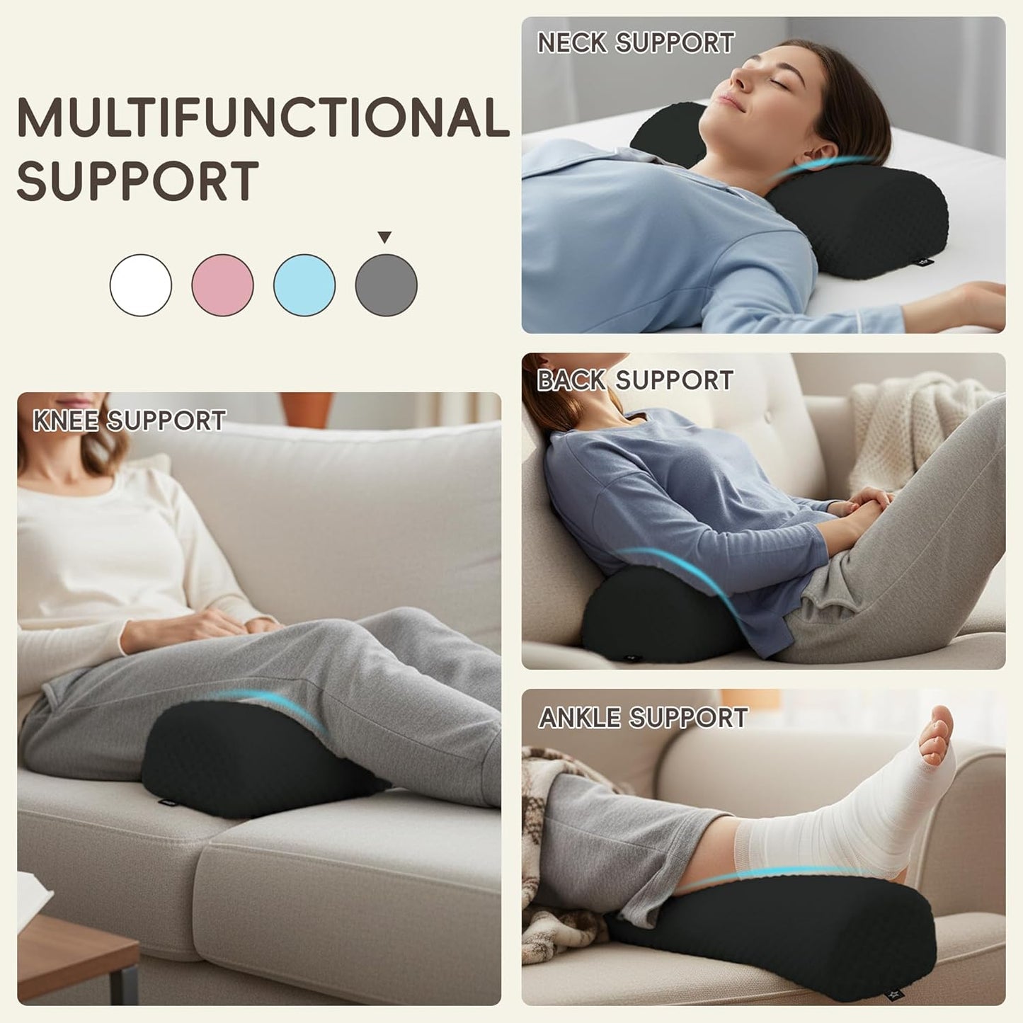 SPRING SEAON Half Moon Bolster Knee Pillow for Back Sleeping Memory Foam Leg Pillow for Ankle and Foot Comfort Under Knee Pillow for Side Sleepers Machine Washable Cover(17" x 7.5" x 4.3")