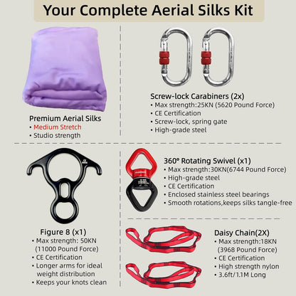 Aerial Silk Set, Premium 9Yards/8.2m Medium Stretch Fabric Silks, Perfect for AntiGravity Hammock Yoga Training & Dance Circus Performances Includes Hardwares & Daisy Chains