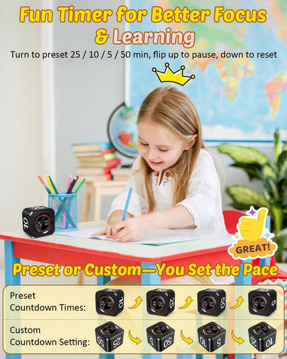 Digital Pomodoro Timer Cube 5/10/25/50min, Visual Productivity Flip Timer for Kids Classroom Desk, Custom Countdown, Silent and Sound Mode for ADHD Study Work Game Kitchen (Black)